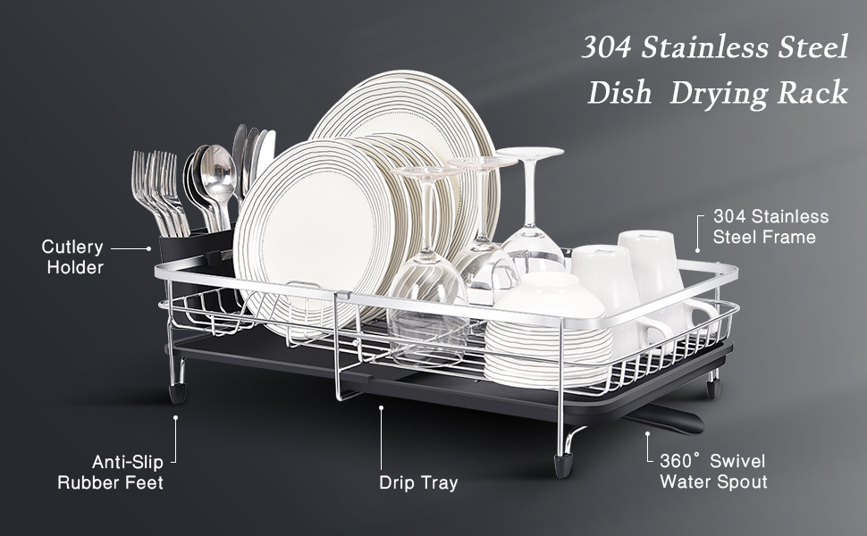 TOOLF Expandable Dish Drainer Rack, Adjustable 304 Stainless Steel Dish