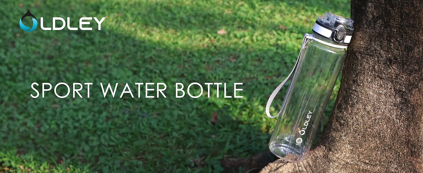 Transparent green sport water bottle with white cap and strap, resting on grass. Text 'SPORT WATER BOTTLE' visible. Oldley brand logo at top.