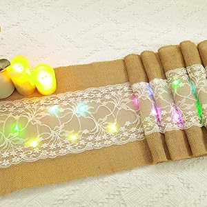 Lighted lace burlap table runner 