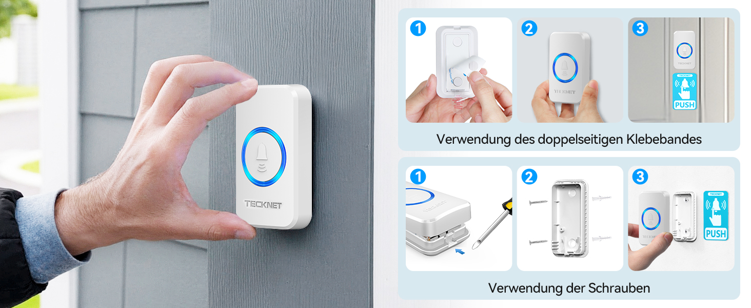 Der Text lautet „Bild 4“. Anleitungssequenz, die zeigt, wie Hände ein weißes elektronisches Gerät mit blau beleuchteten Anzeigen installieren oder bedienen.