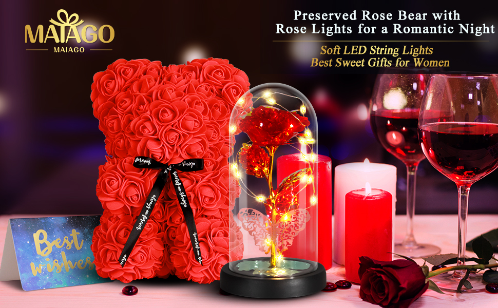 MAIAGO Preserved Rose Bear Valentines Day Gift for Women Mom Grandma