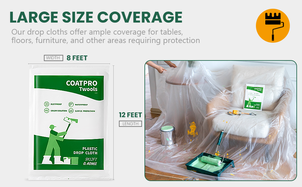 CoatPro Twools Plastic Drop Cloth, 10 Pcs 9x12 Feet Drop Cloth for