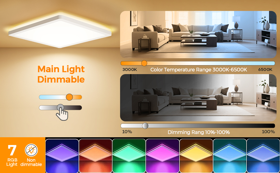 Square LED ceiling light with dimmable and color-changing features. Demonstrates warm to cool white settings and RGB color options. Shows living room application and brightness control.