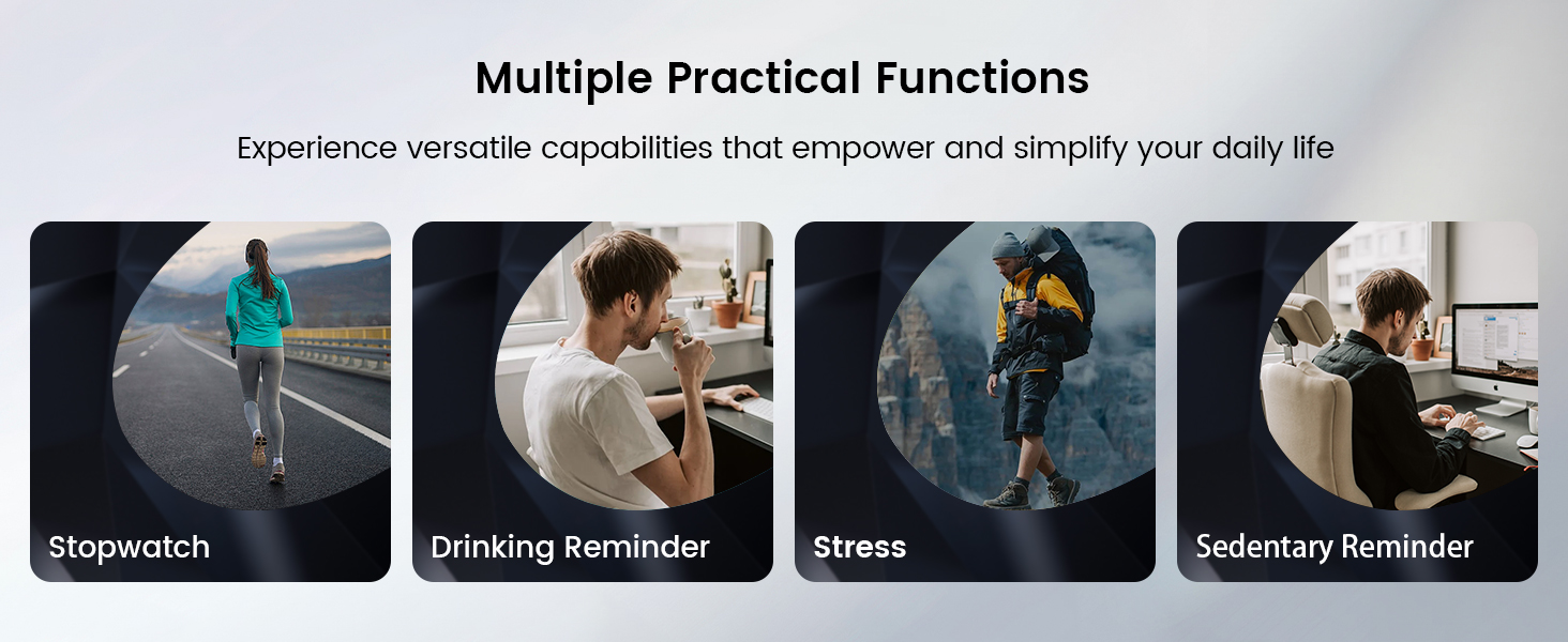 Text reads 'Multiple Practical Functions'. Series of icons showing various functions including 'Grips', 'Gripping Reminder', 'Steps', and 'Delivery Reminder'.