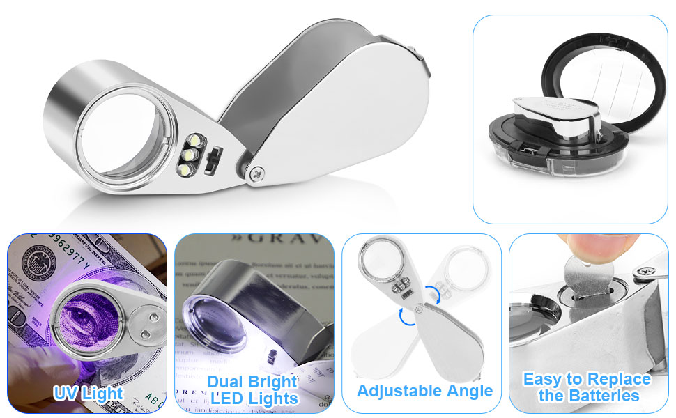 4PCS Illuminated Jewelers Loupe Magnifier, 10X 20X 30X 40X Full Metal