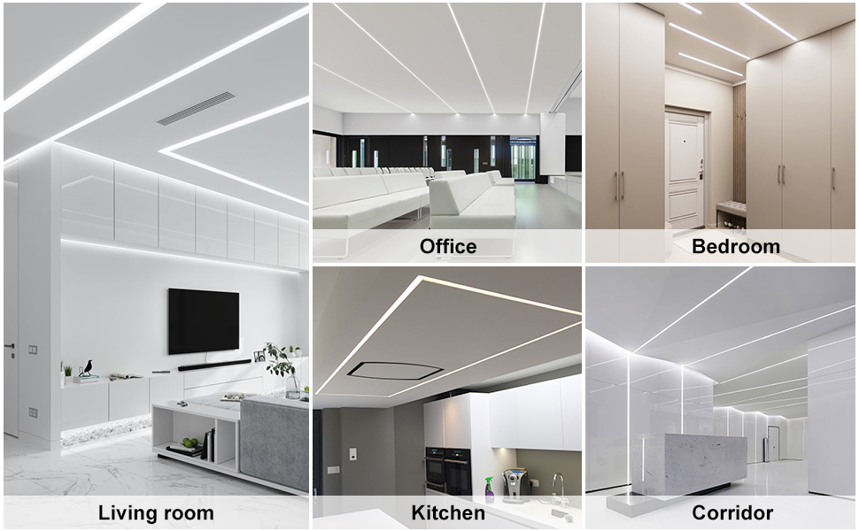 Modern interior lighting collection showing six rooms with minimalist LED ceiling fixtures in white spaces, labeled living room, office, bedroom, kitchen, and corridor.