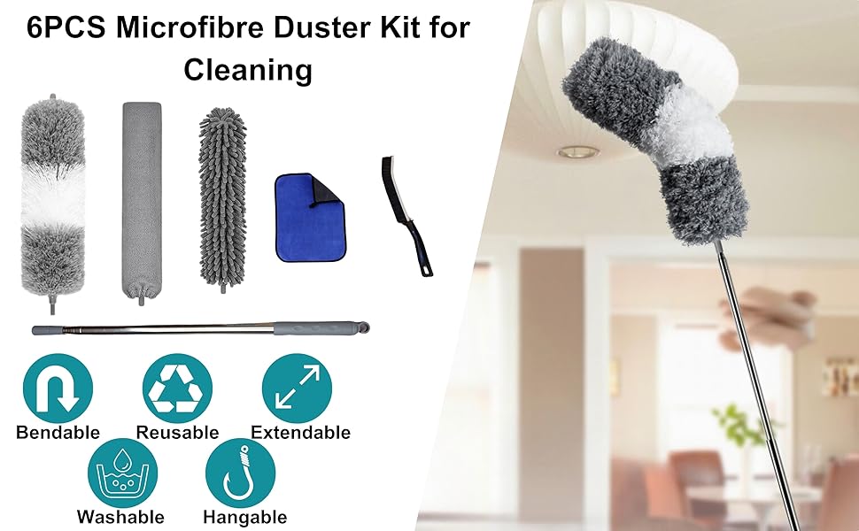 6 pcs Microfibre Duster Kit for Cleaning bendable reusable extendable washable hangable feather