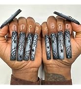Long Press on Nails Square Fake Nails with Designs Spider Web Stick on Nail Halloween Acrylic Fal...