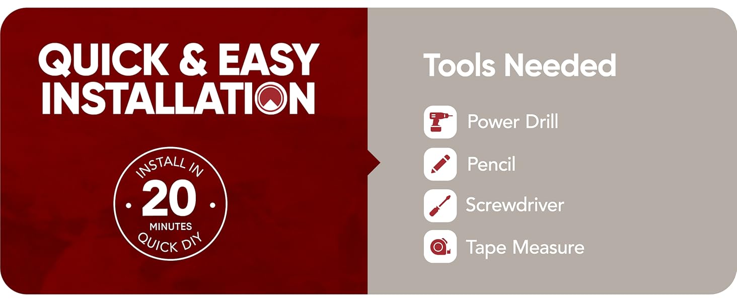 Tool icons on a red and gray background: Text reads: Quick & Easy Installation.