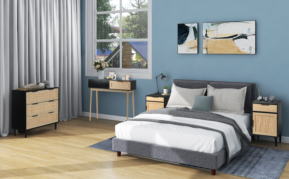 LAZZO Rattan 3 Drawer Wood Dresser Boho Large Storage