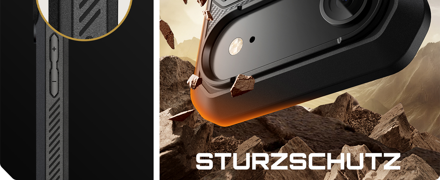 Der Text lautet "STURZSCHÜTZ". Mehrere Produktansichten einer scheinbar schwarzen Halterung oder Halterung aus Metall oder Kunststoff.