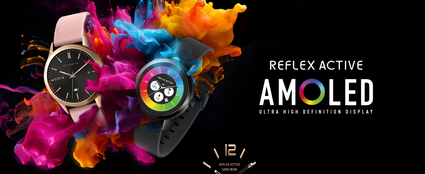 Smartwatches with AMOLED displays showcased amidst colorful smoke. Text reads 'REFLEX ACTIVE AMOLED'.