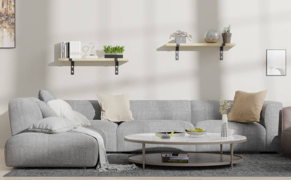 Reclaimed Wood Natural Floating Shelves with L Brackets, Unstained Natural Wood