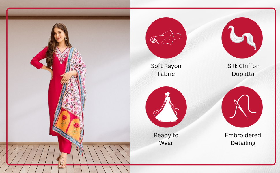 ARMA Fashion Women’s Embroidered Rayon Kurta Set with Pant & Dupatta