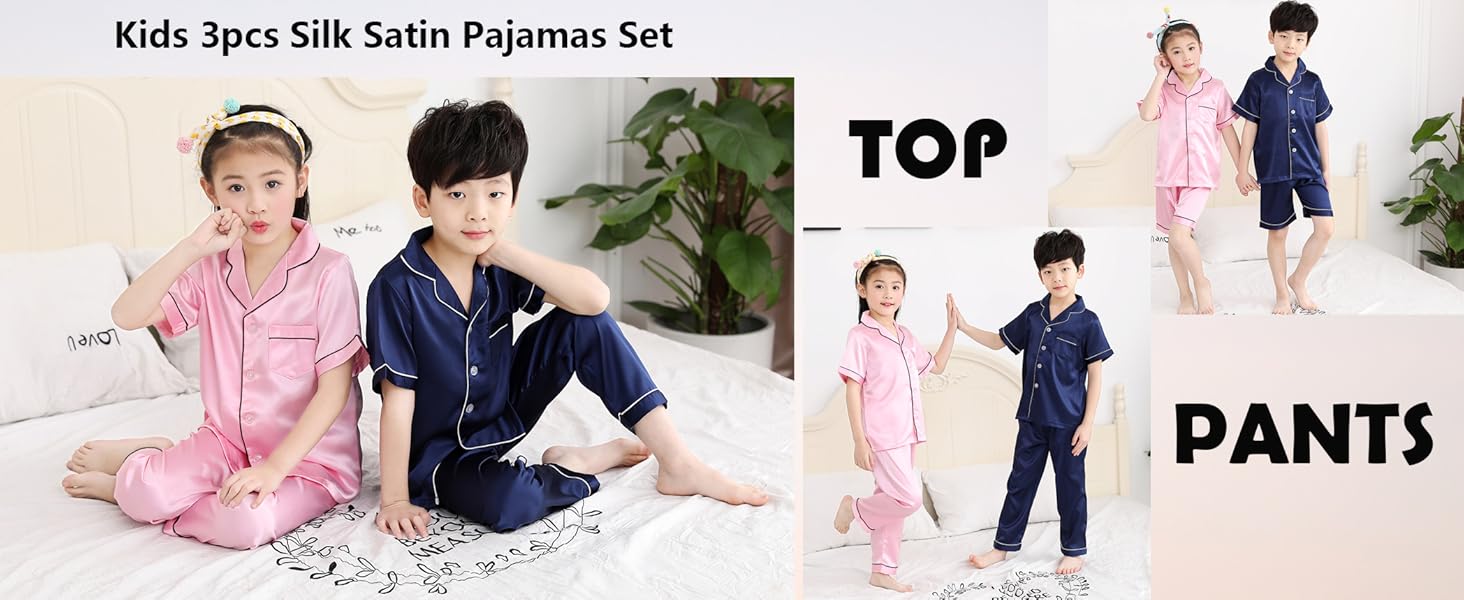 OEIU Girls Boys Silky Satin Pajamas Set 3 Pcs for Kid