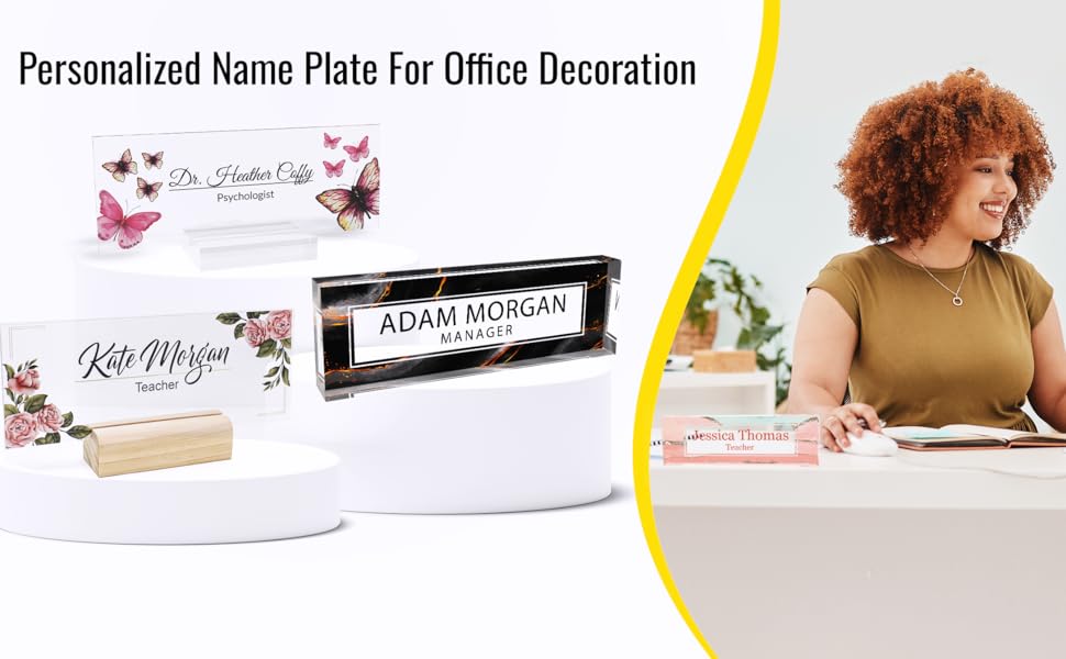 Professional desktop name plaque, clear acrylic with printed text
