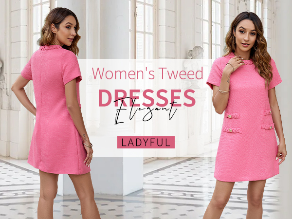 Ladyful Womens Tweed Jackie Dress Short Sleeve Elegant Crew