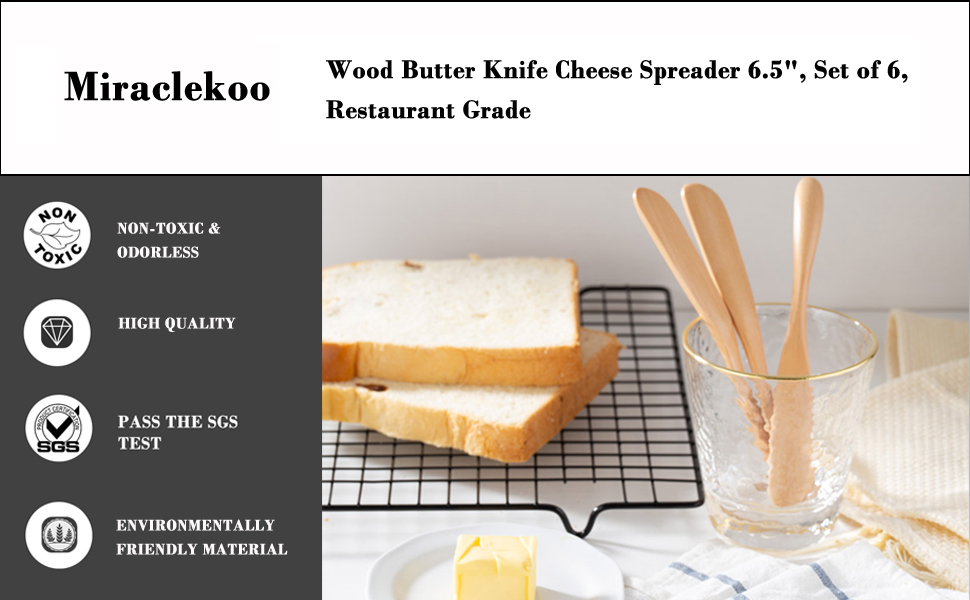 Wood Butter Knife Cheese Spreader 6.5", Set of 6, Restaurant Grade