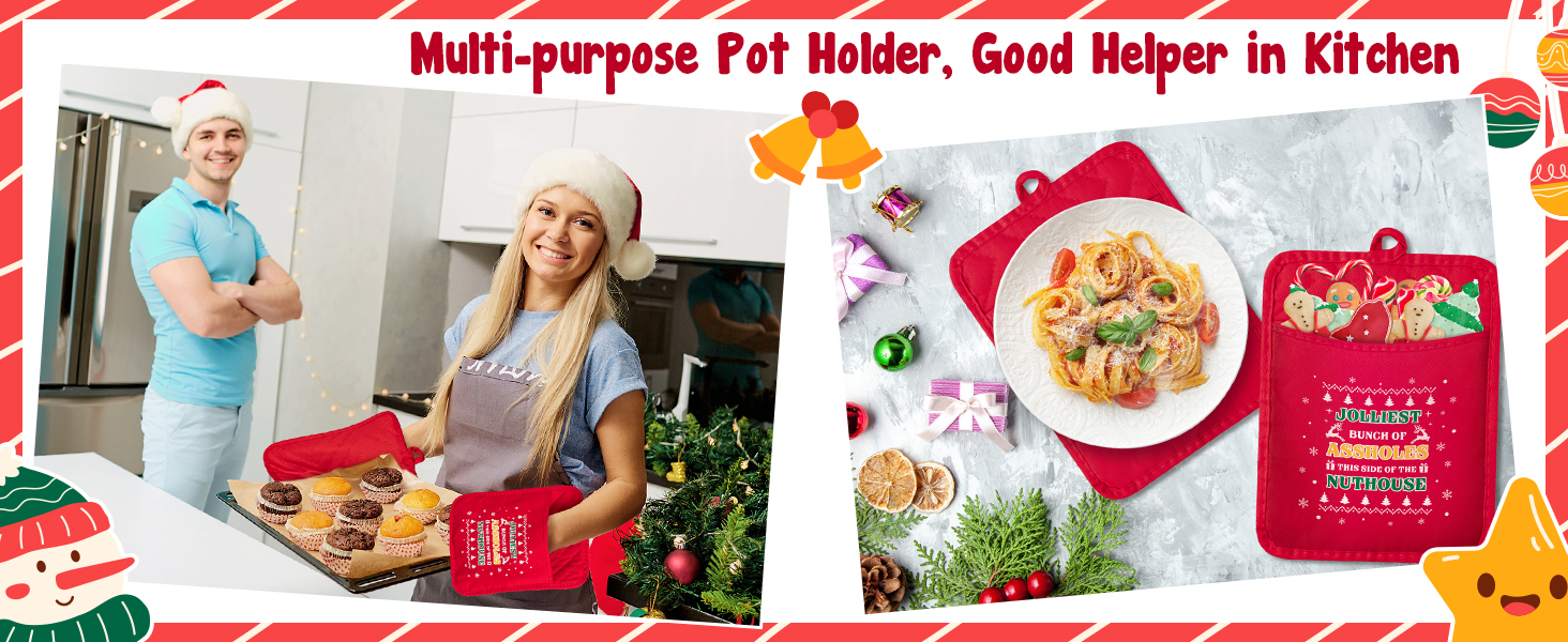Heat Resistant Potholder with Pocket for Kitchen Winter Oven Mitts Xmas Cookie Bag