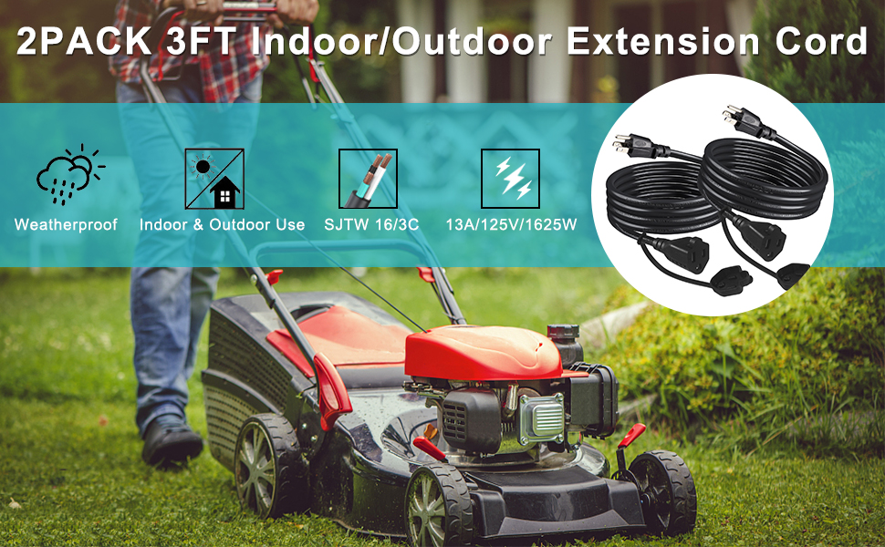[2PACK] 3FT Black Outdoor Extension Cord Weatherproof