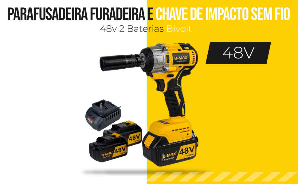 Parafusadeira Furadeira e Chave De Impacto Sem Fio 48v 2 Baterias Bivolt 