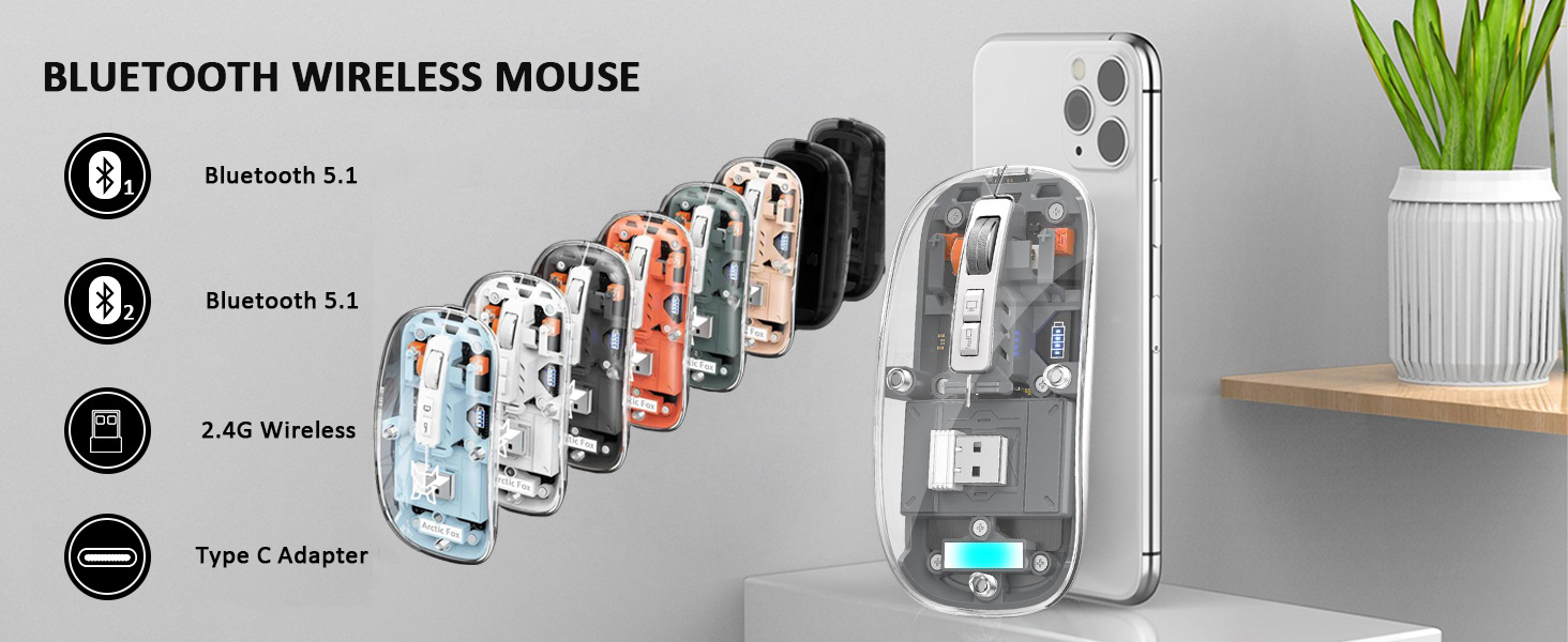 Wireless Bluetooth5.1&2.4G Mini Lightweight Mouse,Transparent Clear Mouse