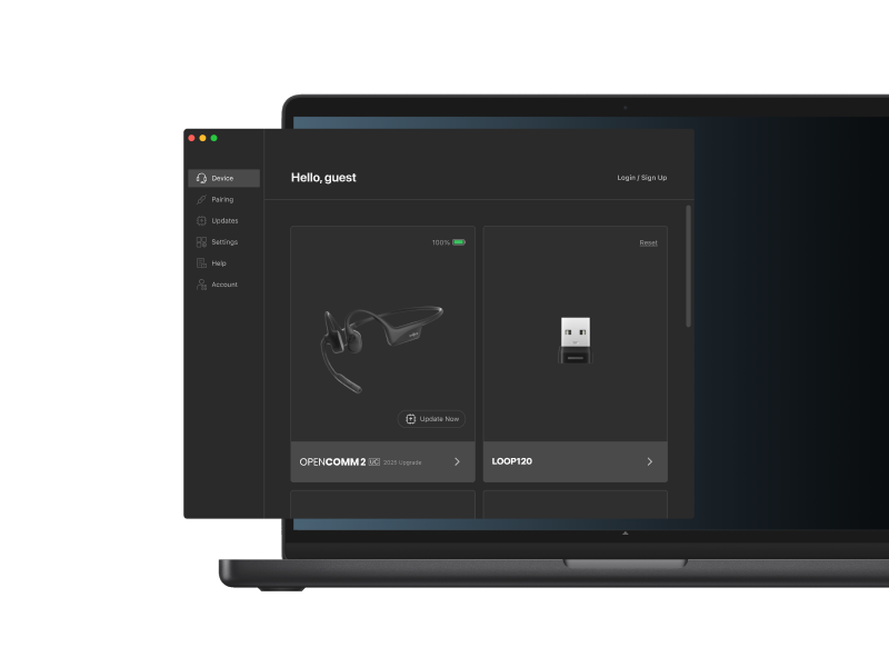 Laptop-Bildschirm mit einer dunklen Software-Oberfläche mit Seitenleistenmenü, Begrüßungstext und zwei Panels mit einem Drahtmodell und einem