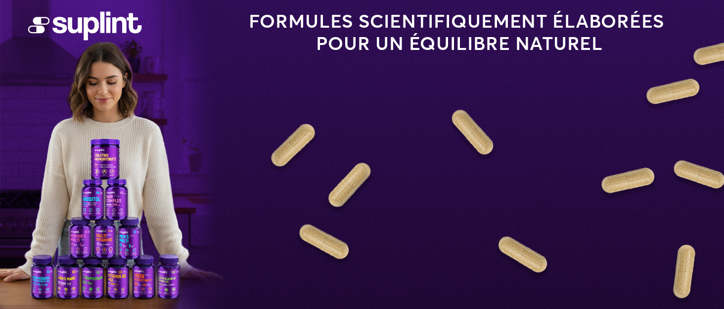 Le texte se lit comme suit : « FORMULÉES SCIENTIFIQUEMENT ÉLABORÉES POUR UN ÉQUILIBRE NATUREL » et « Suplink ». Présentoir de produits sur le thème du violet avec capsules et emballages de suppléments.