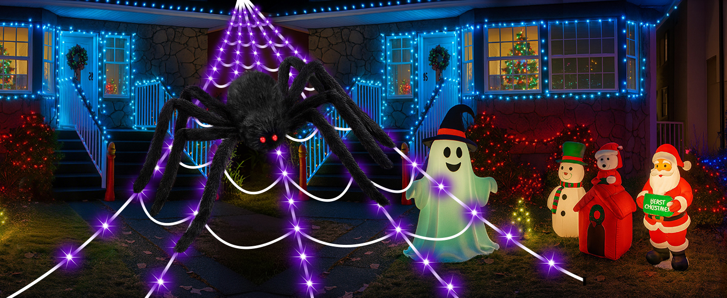 halloween decorations outdoor spider web light up giant spider indoor LED yard haunted decor