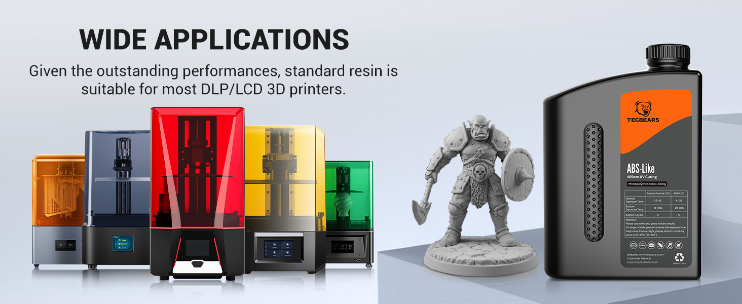 Text reads 'WIDE APPLICATIONS'. Display of colored resin bottles and a 3D printed figurine, showcasing various 3D printing materials and finished product.