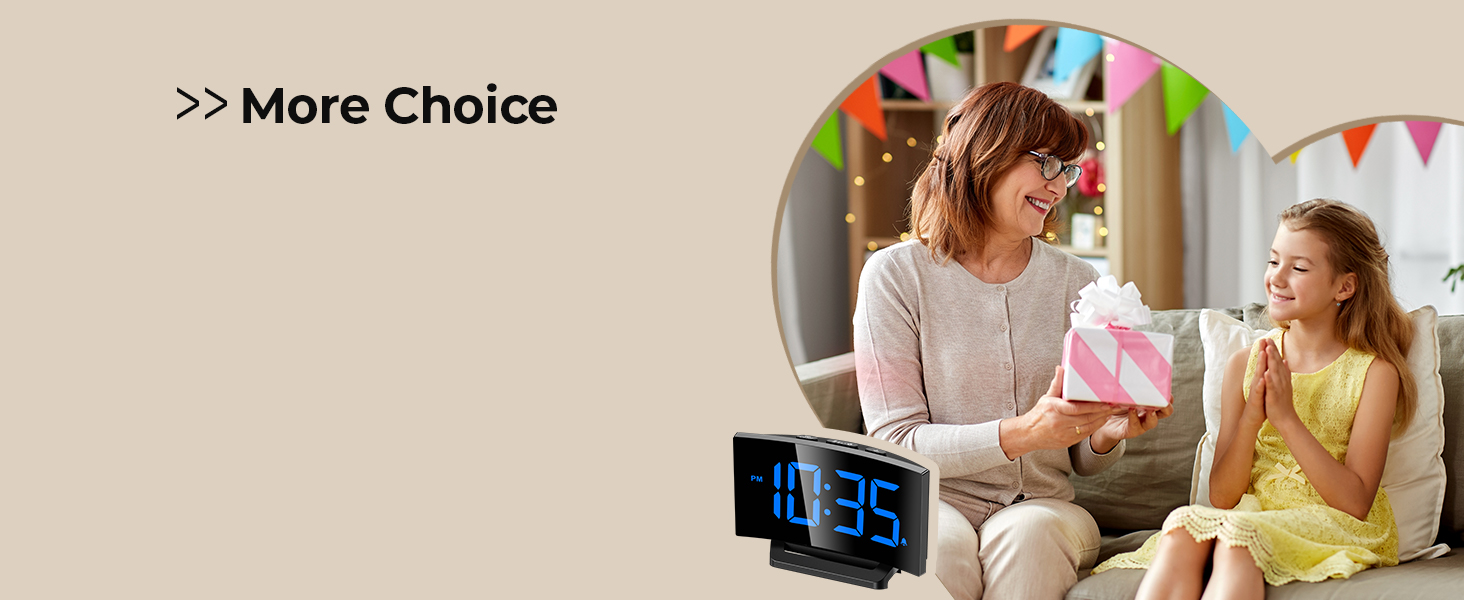 Digital alarm clock display showing blue LED numbers, photographed in a home setting with decorative bunting visible in background.