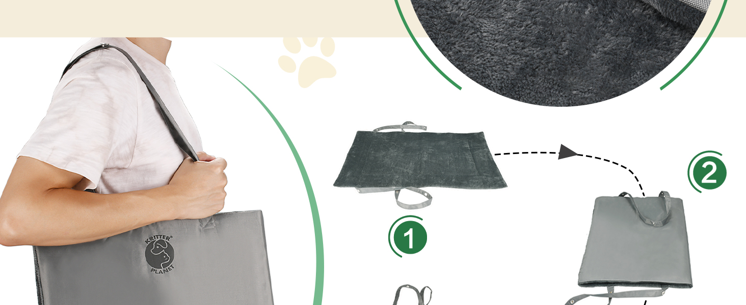 Grey shoulder bag demonstration showing transformation from flat to assembled state with fold and handle details.