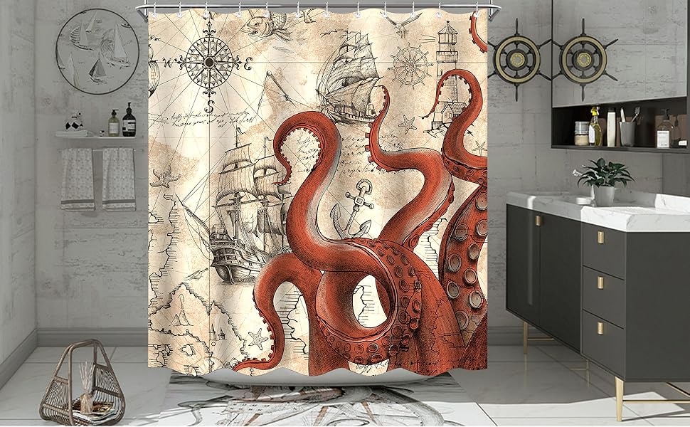Lifeella Retro Red Octopus Shower Curtain, Vintage Nautical