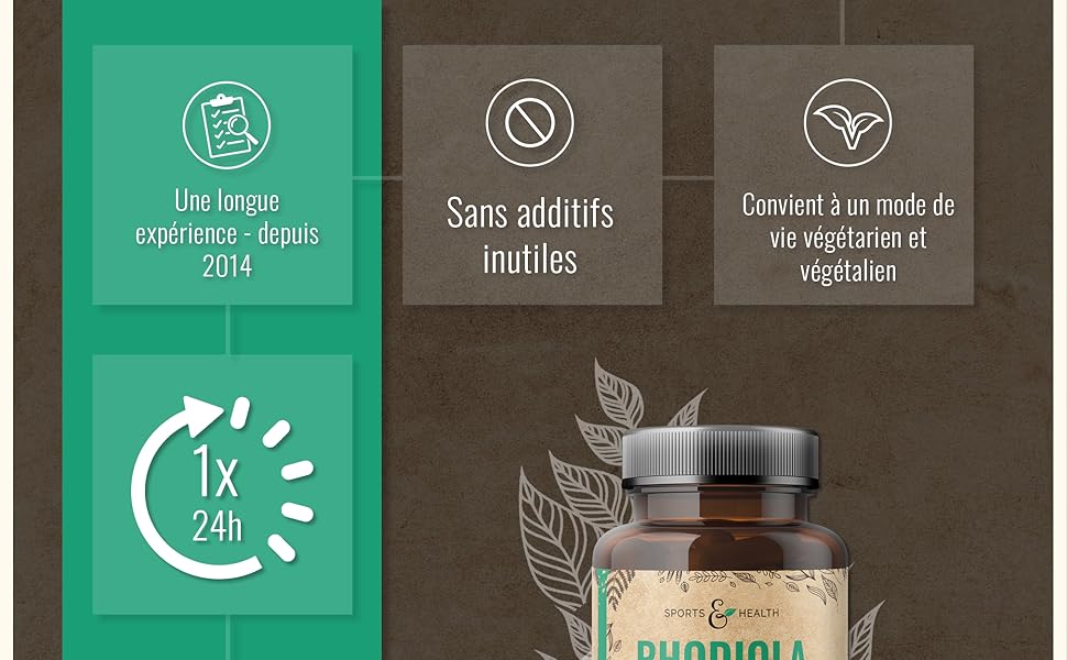 Flacon de supplément avec icône d'ingrédients naturels. Les caractéristiques comprennent l'absence d'additifs inutiles, un usage végétarien et un dosage quotidien. Bocal en verre brun avec étiquette verte visible.