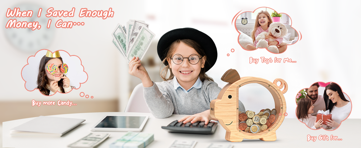 Spacious wooden piggy bank, perfect for saving up for bigger goals