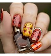 Fall Press on Nails Medium Square Fake Nails with Designs Maple Leaf Stick on Nail Glitter French...