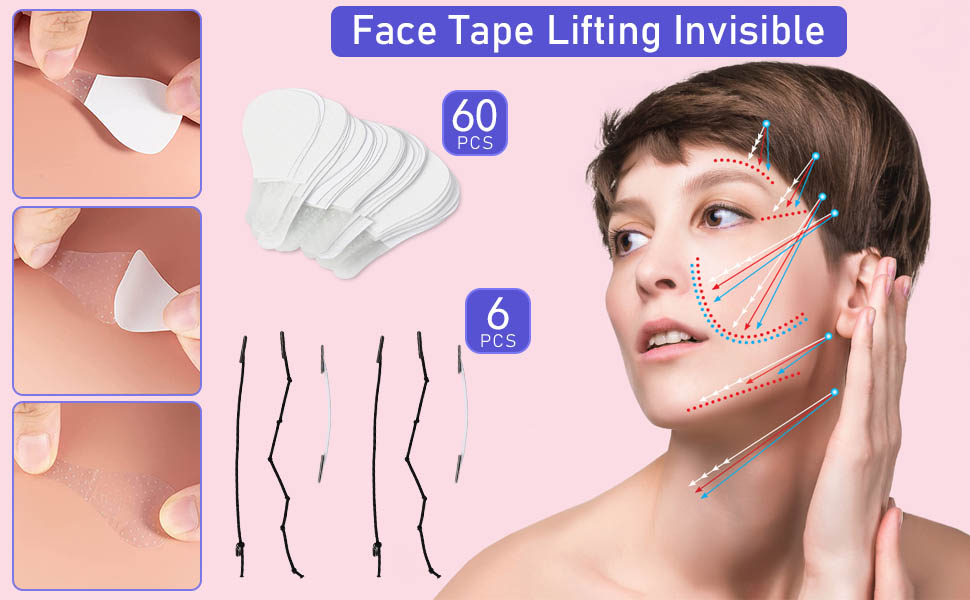 Face Tape For Lifting, 60Pcs Face Lift Tape With 6 Lifting String