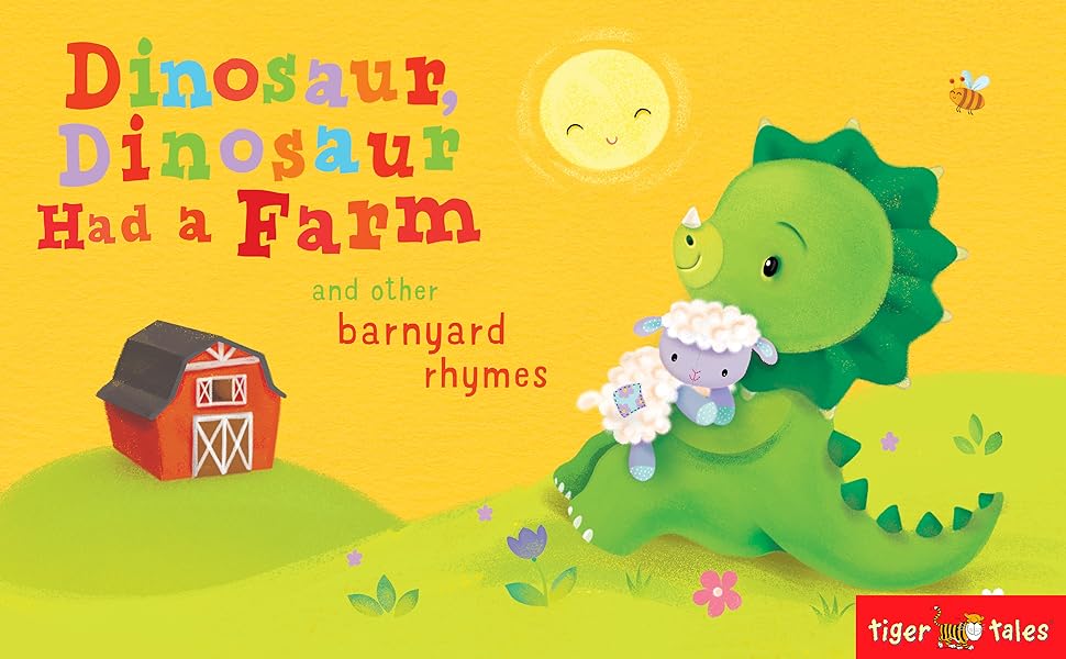 Cute bright green dinosaur cuddling a little lamb. Farm house in background on a hill