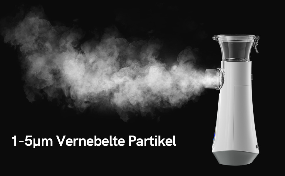 White cylindrical device emitting a cloud of mist against a black background. Text reads '1-5μm Vernebelte Partikel.'