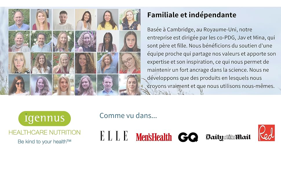 Affichage des informations d'identification de l'entreprise avec les logos des principaux médias, notamment ELLE, Men's Health, GQ et Daily Mail, sous le texte d'information de l'entreprise