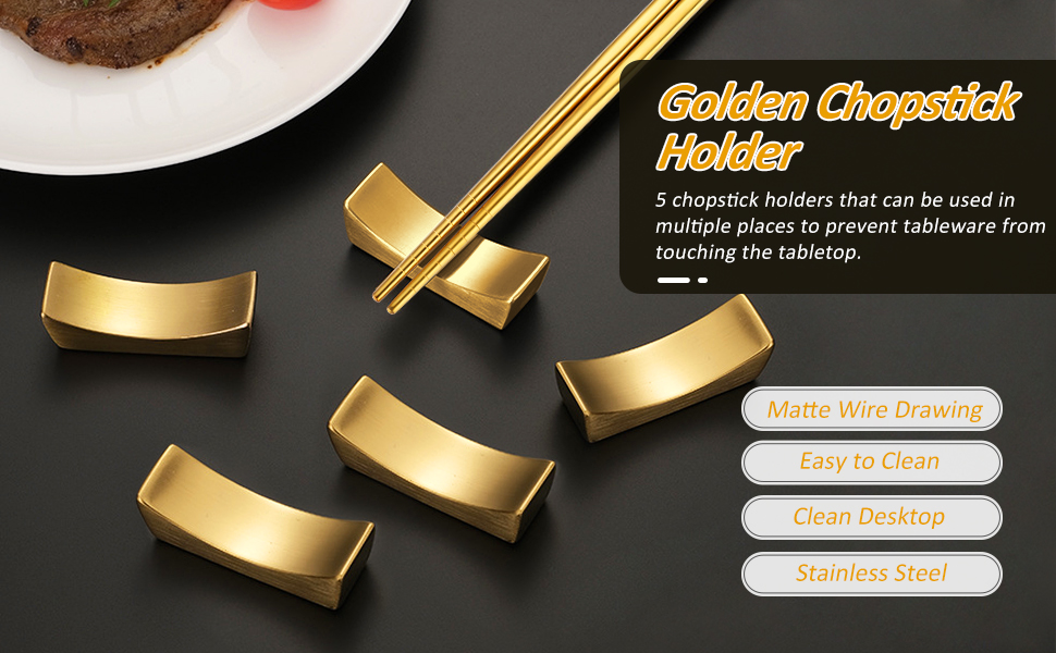 OIULO Gold Chopstick Rest Stainless Steel 5 Pairs Knife