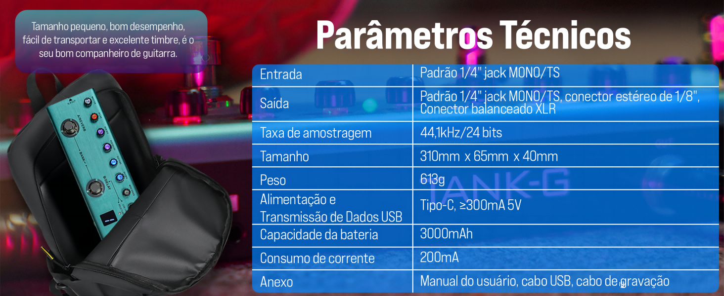 Pedal de efeitos reverberação Mini Universe para guitarra elétrica,