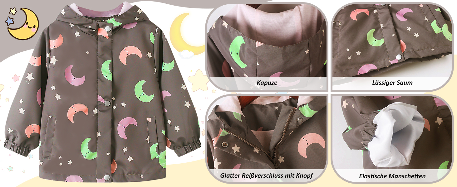 Children's raincoat in brown fabric with colorful moon and star pattern, shown with multiple detail views of features and lining.