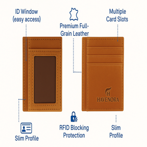 slim RFID wallet with ID window, card slots, full grain leather – tan minimalist front pocket wallet