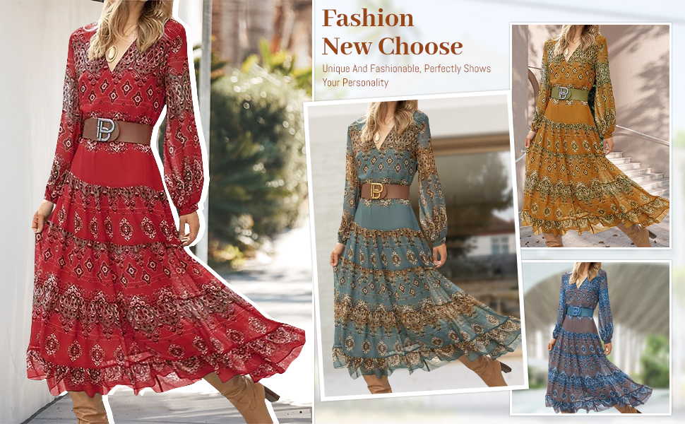 Ethnic Puff Long Sleeve Midi Dress