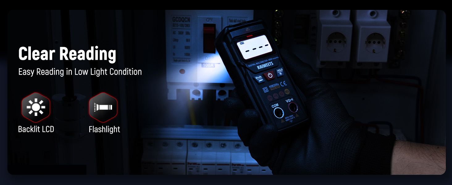 Text reads 'Clear Reading' and 'Easy Reading in Low Light Condition'. Product image shows backlit LCD display with flashlight feature in dark environment.