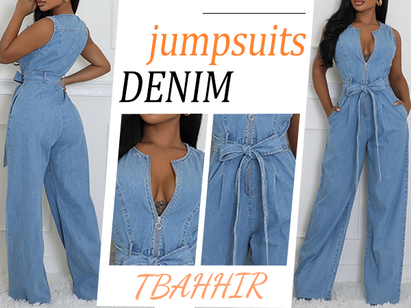 Amazon.com: Tbahhir Womens Sleeveless Denim Jumpsuit Bow Tie