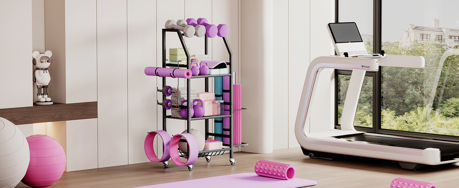 Homeiju Dumbbell Rack, Weight Rack for Home Gym, Yoga Mat Storage Holder with Lockable Wheels, Dumbbell Stand with Hooks, All in One Work out Equipment Storage for Yoga Mat Dumbbell and Balls 25 Dumbbell Rack, 4 Tier Weight Rack for Home Gym, Yoga Mat Storage Holder with Lockable Wheels