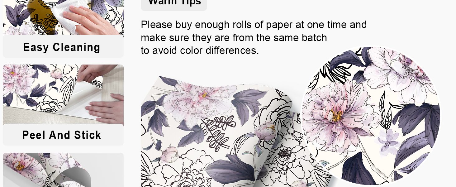 JiffDiff Purple Floral Peel and Stick Wallpaper, Peony Flower Contact