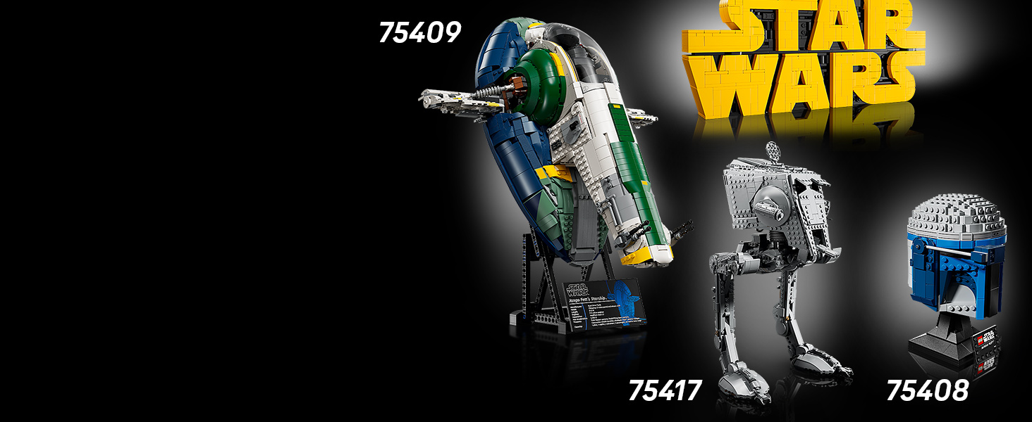 Text reads 'STAR WARS' and numbers '75409', '75417', '75408'. Product image showing green and gray mechanical or robotic figures.